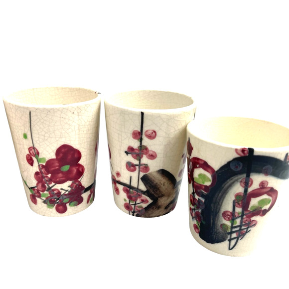 VTG 50s Japanese Tea Set Cups of 6 Sake Floral Porcelain Hand Painted - Picture 3 of 7